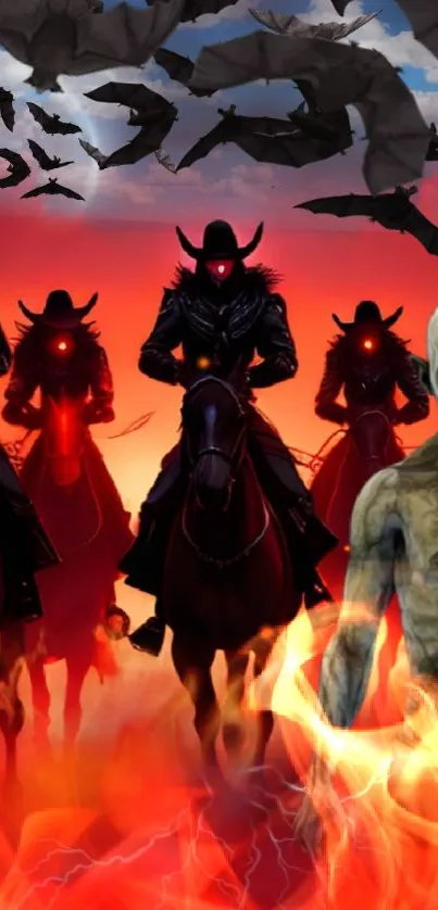 Dark fantasy riders in fiery landscape wallpaper.