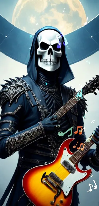 Skeletal figure with guitar under moonlit sky in dark fantasy setting.