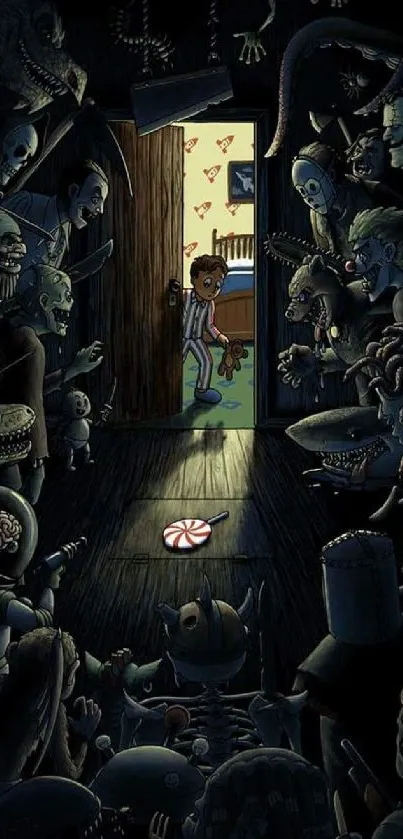 Dark room with creatures and a boy at the door, eerie mobile wallpaper.