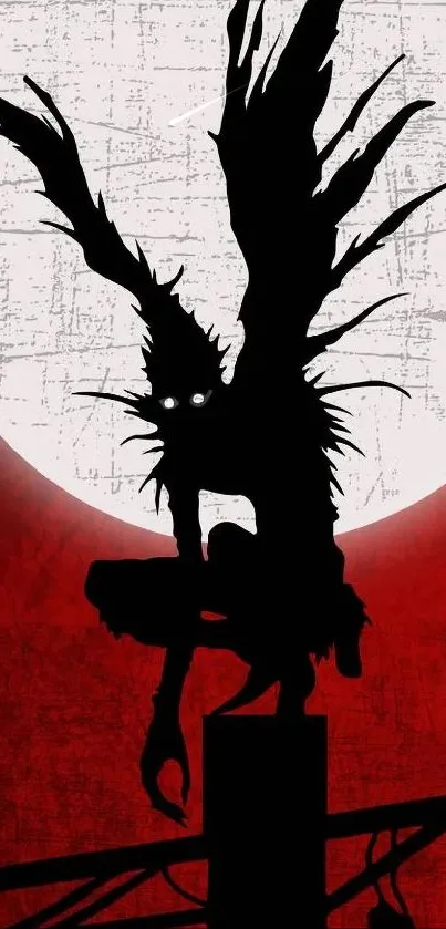 Silhouette of a creature with wings against a red moonlit background.