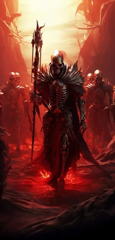 Dark fantasy skeleton army advancing through fiery landscape.