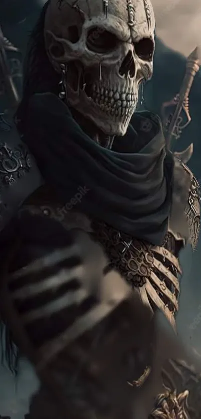 Dark fantasy skeleton warrior wallpaper, perfect for gothic art lovers.