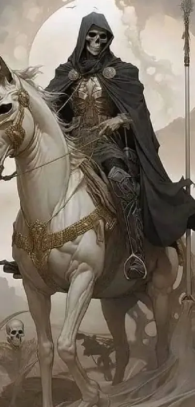 Dark fantasy art of skeleton rider on horse.