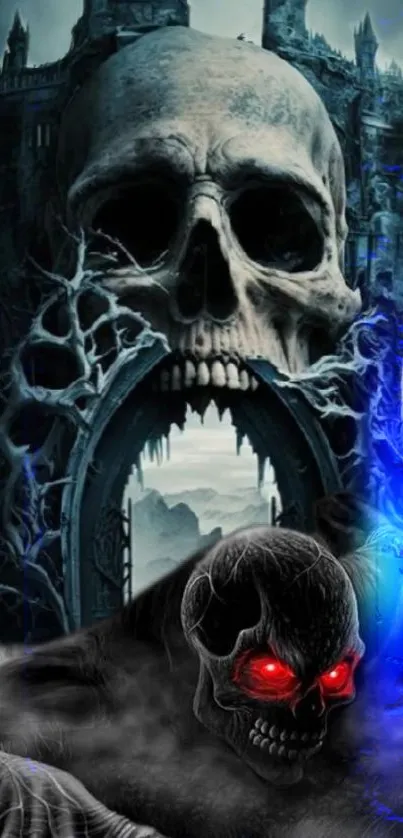 Dark fantasy skull wallpaper with eerie castle backdrop.