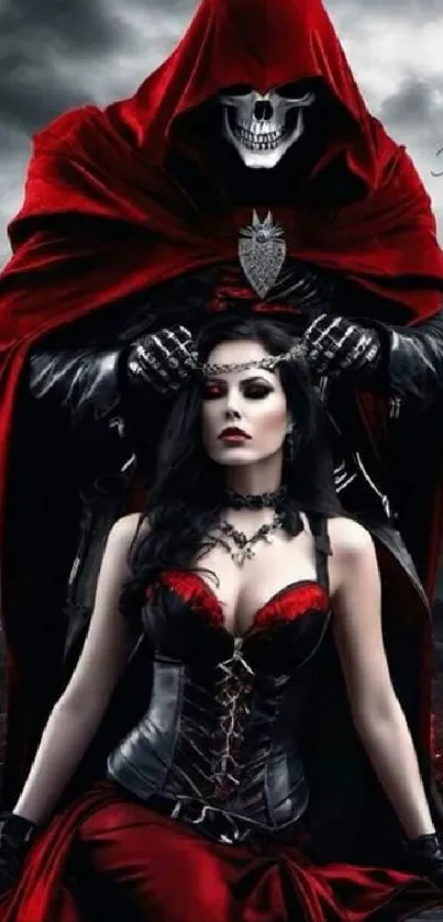 Gothic fantasy scene with skull figure cloaked in red standing over a dark-haired woman.