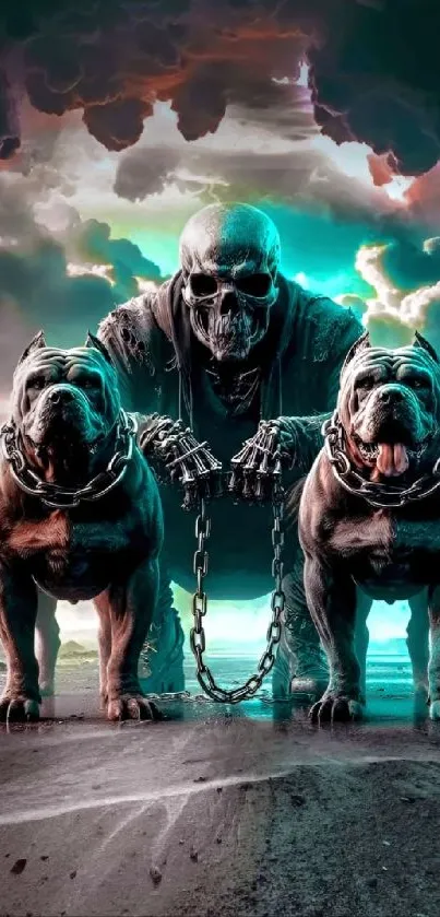 Dark fantasy wallpaper with skull-headed figure and bulldogs.