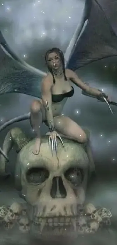 Winged fantasy woman on large skull with eerie dark setting.