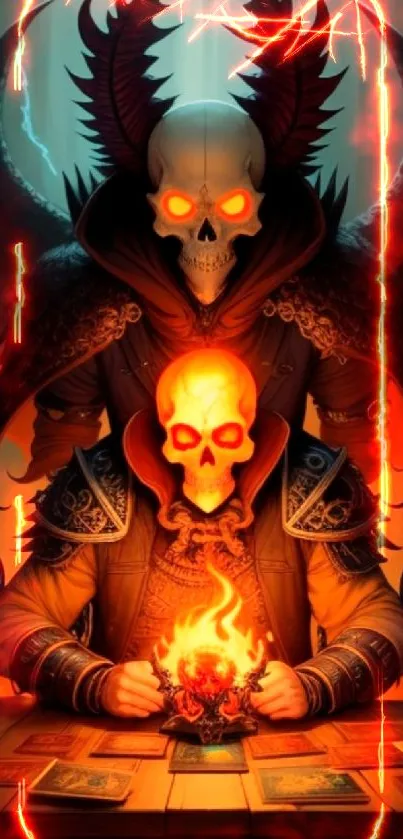 Dark fantasy artwork featuring a glowing skull with mystical elements.