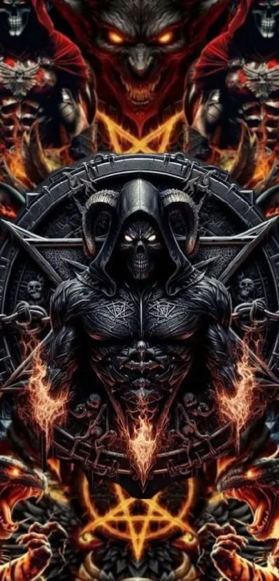 Dark fantasy skull-themed wallpaper with fiery accents.