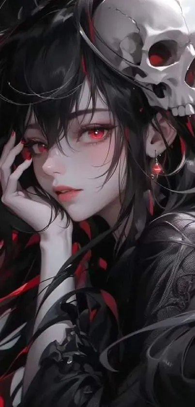 Dark fantasy art wallpaper featuring a girl with skull and red eyes.