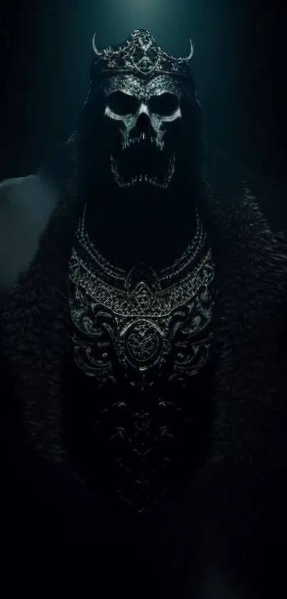 Dark skull king with crown in intricate armor.