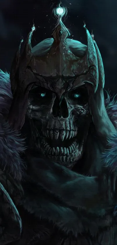 Dark fantasy skull king with crown and glowing blue elements.