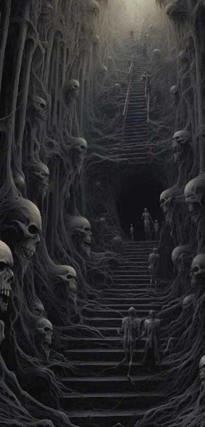 Dark fantasy wallpaper with skulls and staircase, creating an eerie atmosphere.