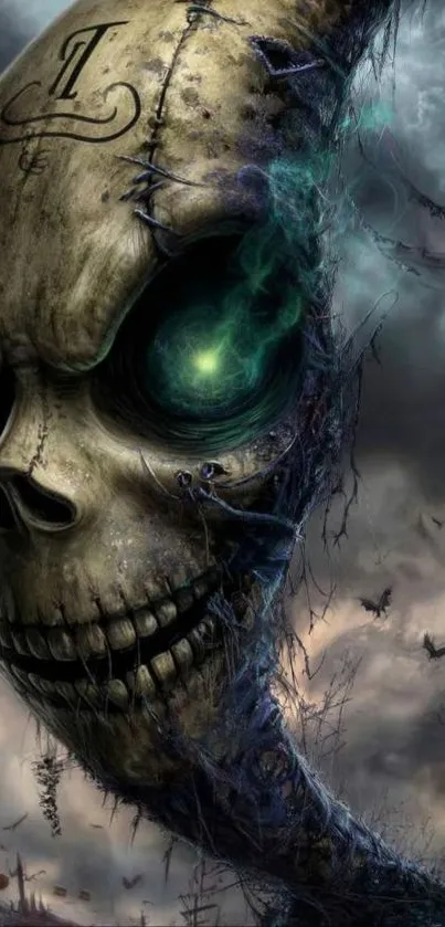 Dark fantasy skull with eerie elements and moody atmosphere.