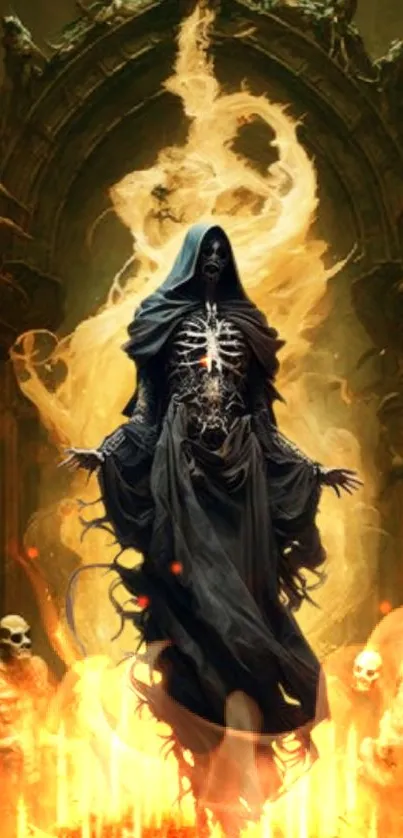 Mystical skeletal figure in dark robe with flames and skulls backdrop.