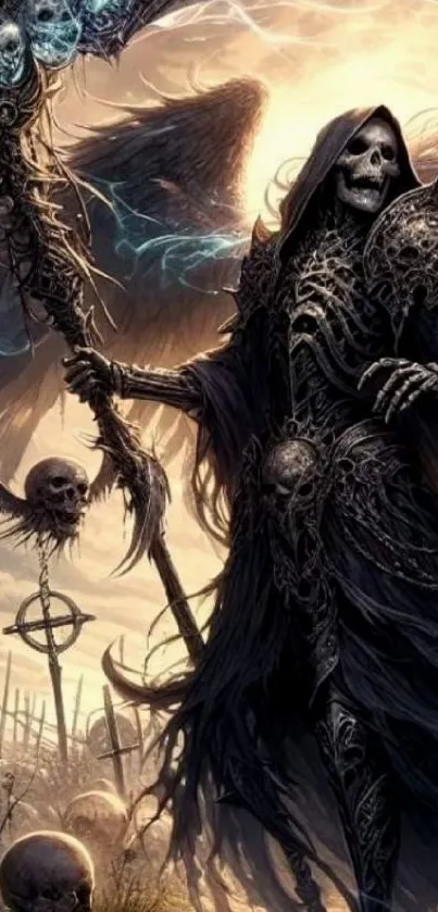 Dark fantasy artwork featuring a skull warrior with wings and mystical elements.