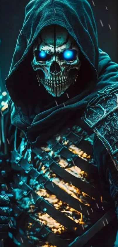 Dark fantasy skull warrior with glowing blue eyes and intricate armor.