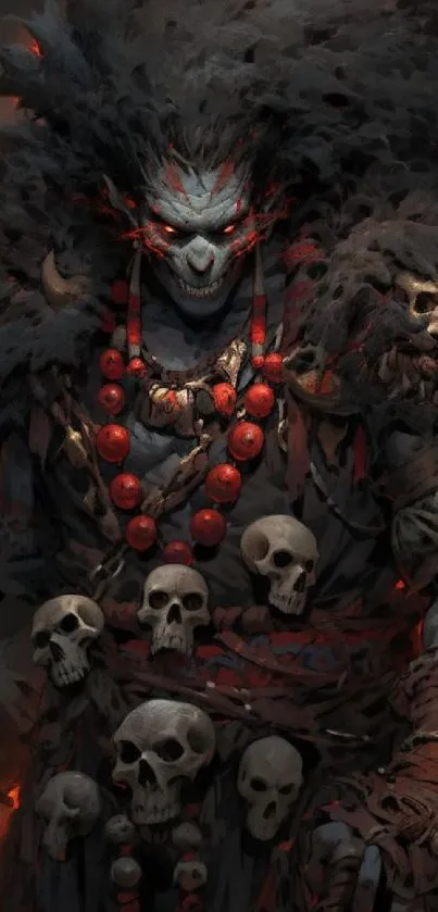 Dark fantasy warrior adorned with skulls and a beaded necklace.