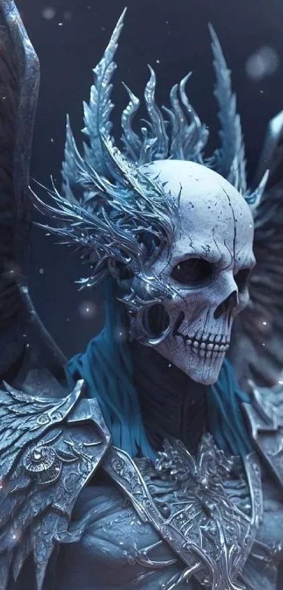 Dark fantasy art showcasing a skull warrior with ethereal wings in a gothic style.