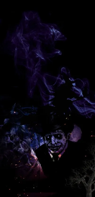 Dark fantasy wallpaper with purple smoke and mysterious ghostly figures.