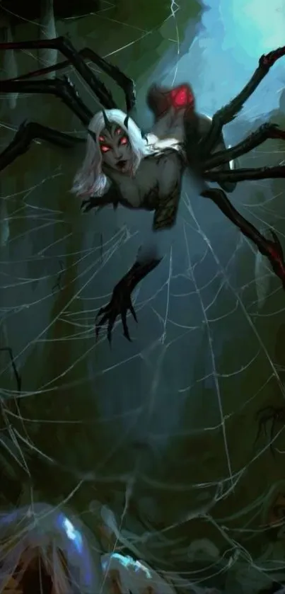 Dark fantasy spider creature in eerie webbed forest.