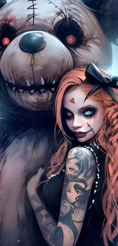 Dark fantasy art of a tattooed woman with a teddy bear.