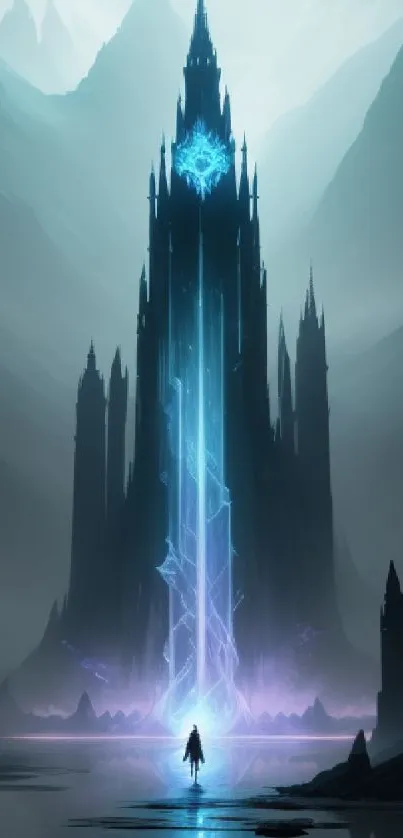 Dark fantasy tower with mystical blue light.