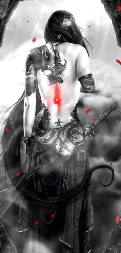 Dark fantasy warrior art with glowing red accents and a mystical background.