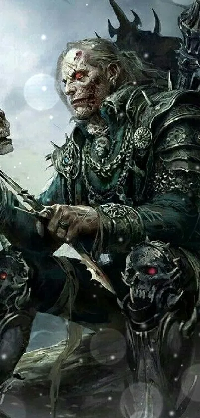 Dark fantasy warrior holding a skull in mystical armor setting.