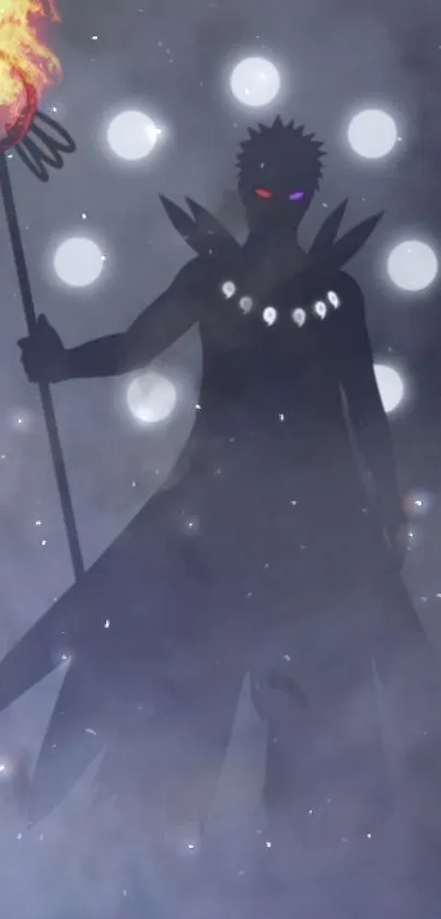 Dark fantasy warrior with staff and glowing orbs in misty background.