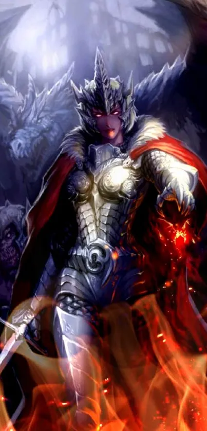 Mystical armored warrior in dark fantasy artwork with crimson and silver tones.