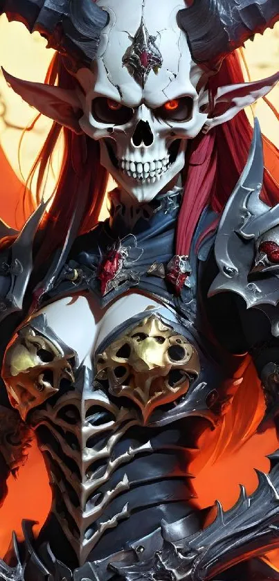 Dark fantasy skeleton warrior in spiked armor with fiery orange background.