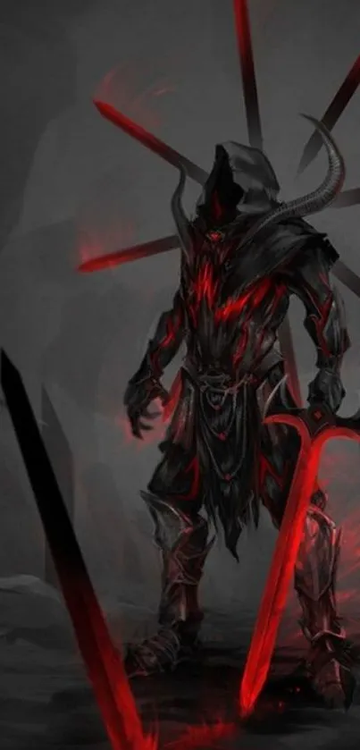 Dark fantasy warrior with red glowing swords in a mystical scene.