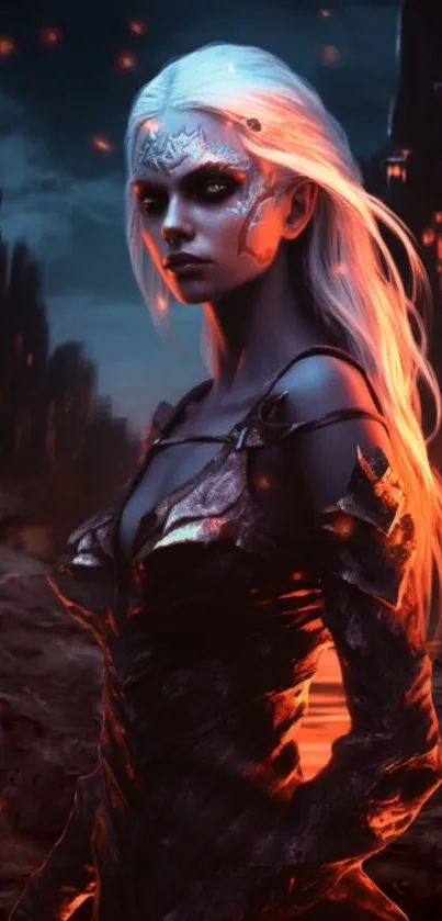 Dark fantasy warrior with white hair in a fiery landscape.