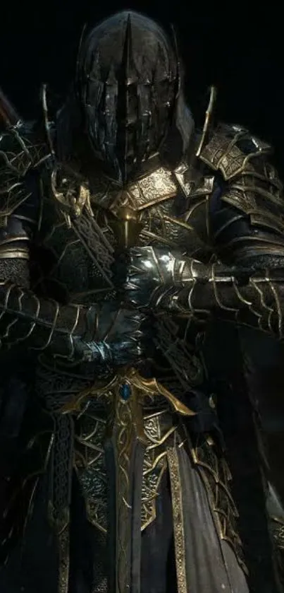 Dark fantasy warrior in intricate armor set against a dark background.