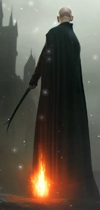 Cloaked warrior with sword and fire in a dark fantasy setting.