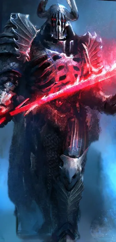 Dark fantasy warrior with glowing red sword in hand, wearing metallic armor.