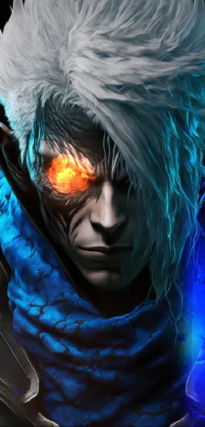 Dark fantasy warrior with vibrant blue highlights and intense red eye.