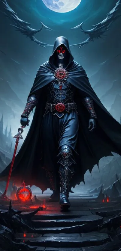 Mysterious dark fantasy warrior on a moonlit path.
