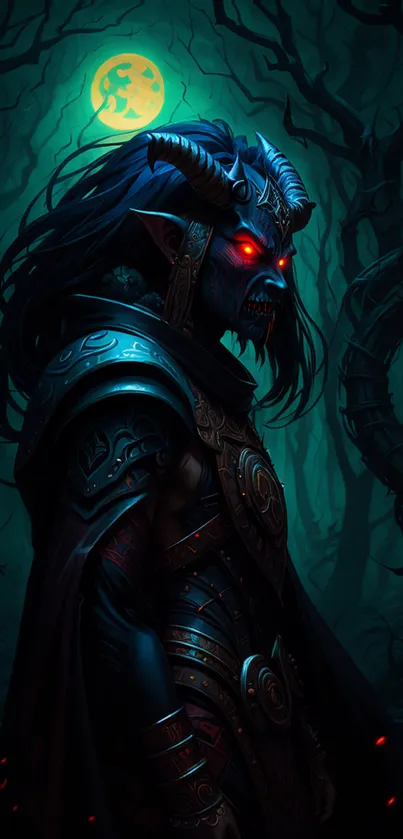 Dark fantasy warrior with glowing eyes in a forest scene.