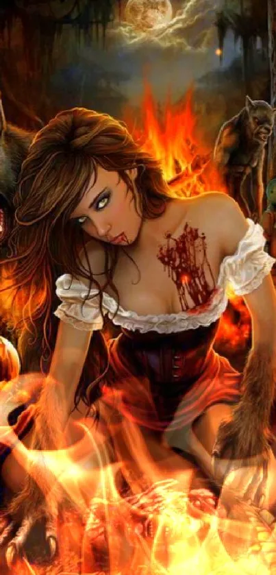 Dark fantasy wallpaper with woman and werewolves in a fiery forest setting.