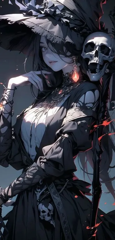 Mystical witch with skull staff and flowing attire in fantasy art wallpaper.