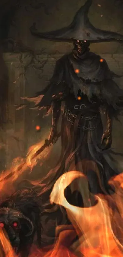 Dark fantasy wizard with creatures wallpaper, fiery and mystical.