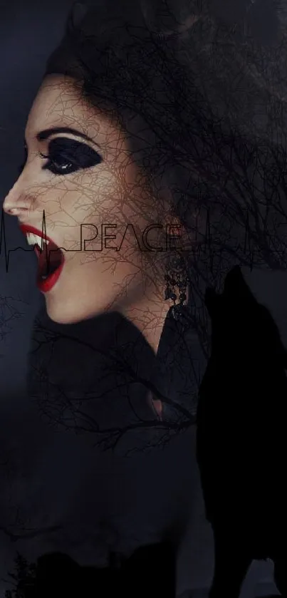 Dark fantasy wallpaper with wolf silhouette and mysterious woman.