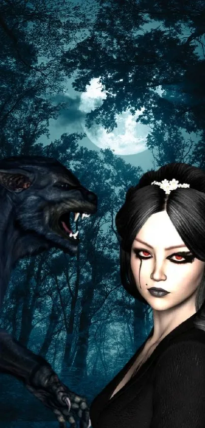 Dark fantasy wallpaper with a werewolf and mysterious woman under a moonlit sky.