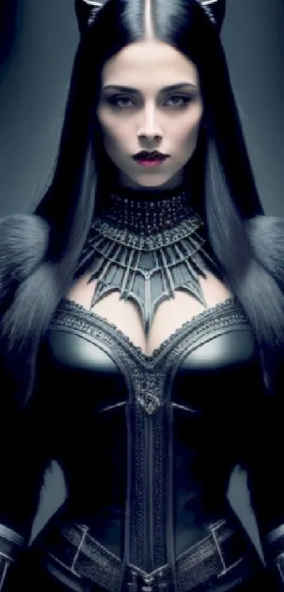 Dark fantasy woman with gothic attire and mysterious theme.