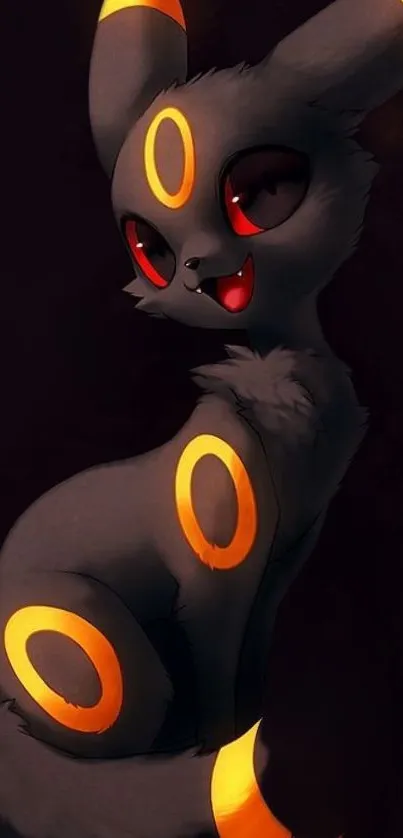 Dark feline with red eyes and yellow rings.