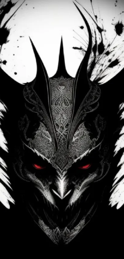 Dark fiend with red eyes in artistic black design.