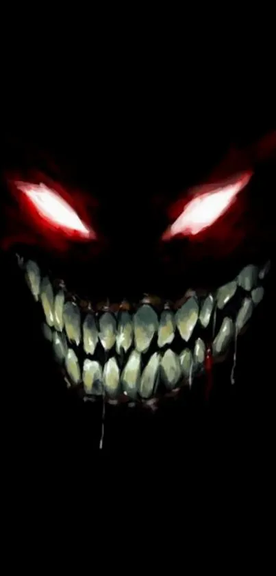 Sinister grin with glowing red eyes on a dark background.