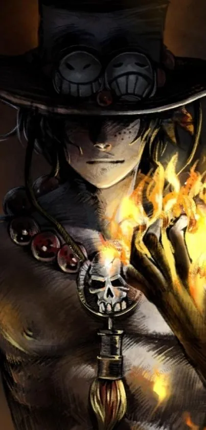 Animated character with flaming hand, dark tones.